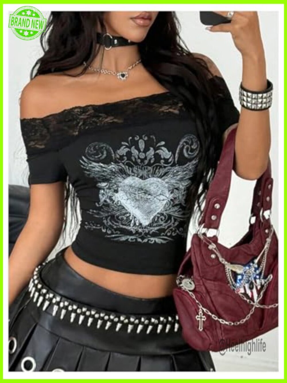 Off Shoulder Short Sleeve Crop Tee with Contrast Lace - Picture 5 of 7